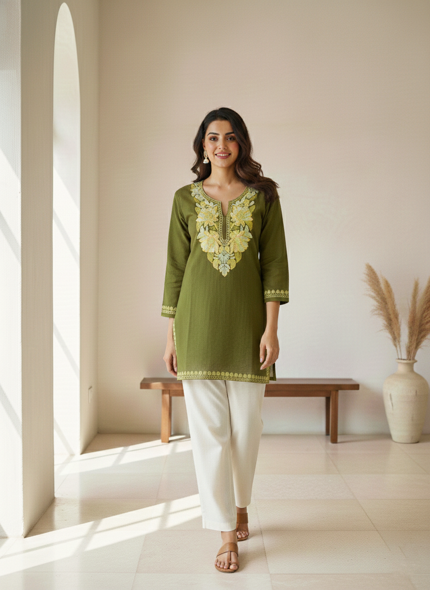 Olive Green and Lemon Yellow Aari Embroidered Cotton Short Kurti