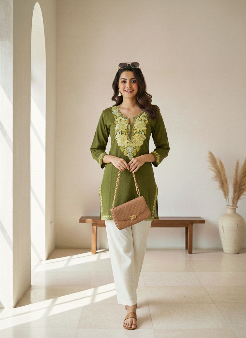 Olive Green and Lemon Yellow Aari Embroidered Cotton Short Kurti