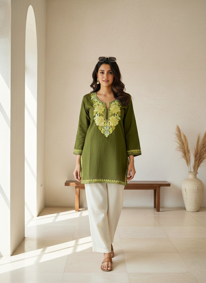 Olive Green and Lemon Yellow Aari Embroidered Cotton Short Kurti