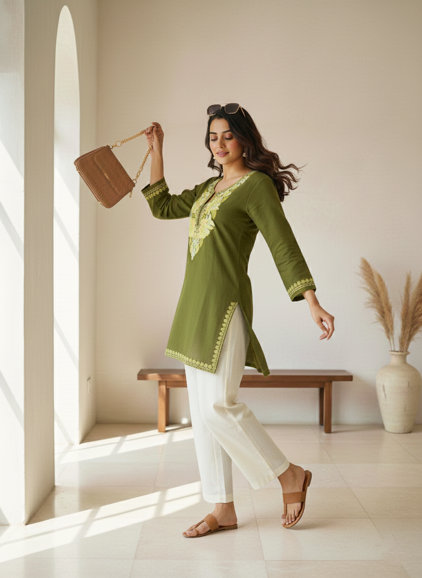Olive Green and Lemon Yellow Aari Embroidered Cotton Short Kurti