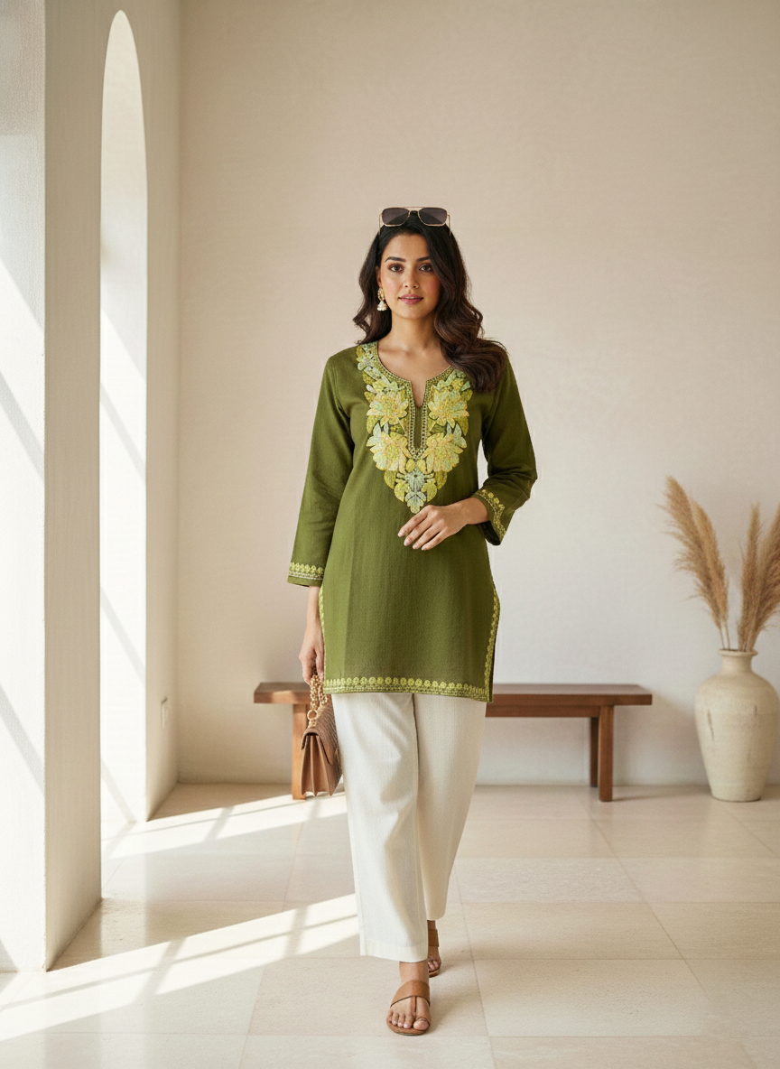 Olive Green and Lemon Yellow Aari Embroidered Cotton Short Kurti