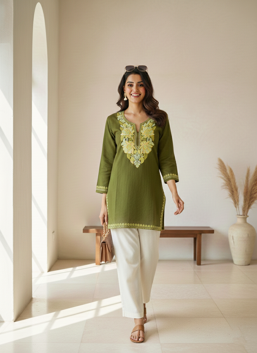 Olive Green and Lemon Yellow Aari Embroidered Cotton Short Kurti