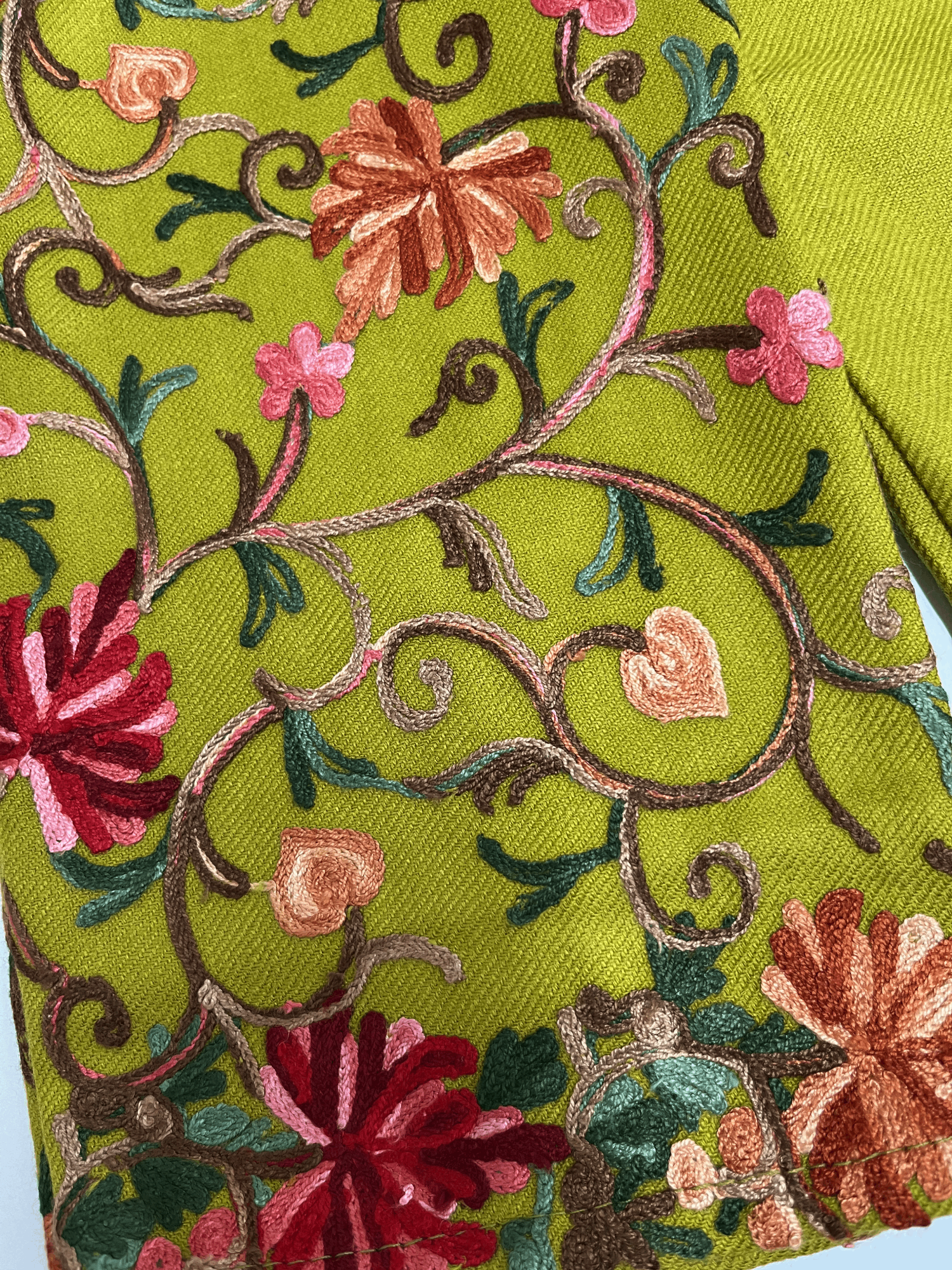 Olive Green and Red Floral Aari Embroidered Kashmiri Pheran