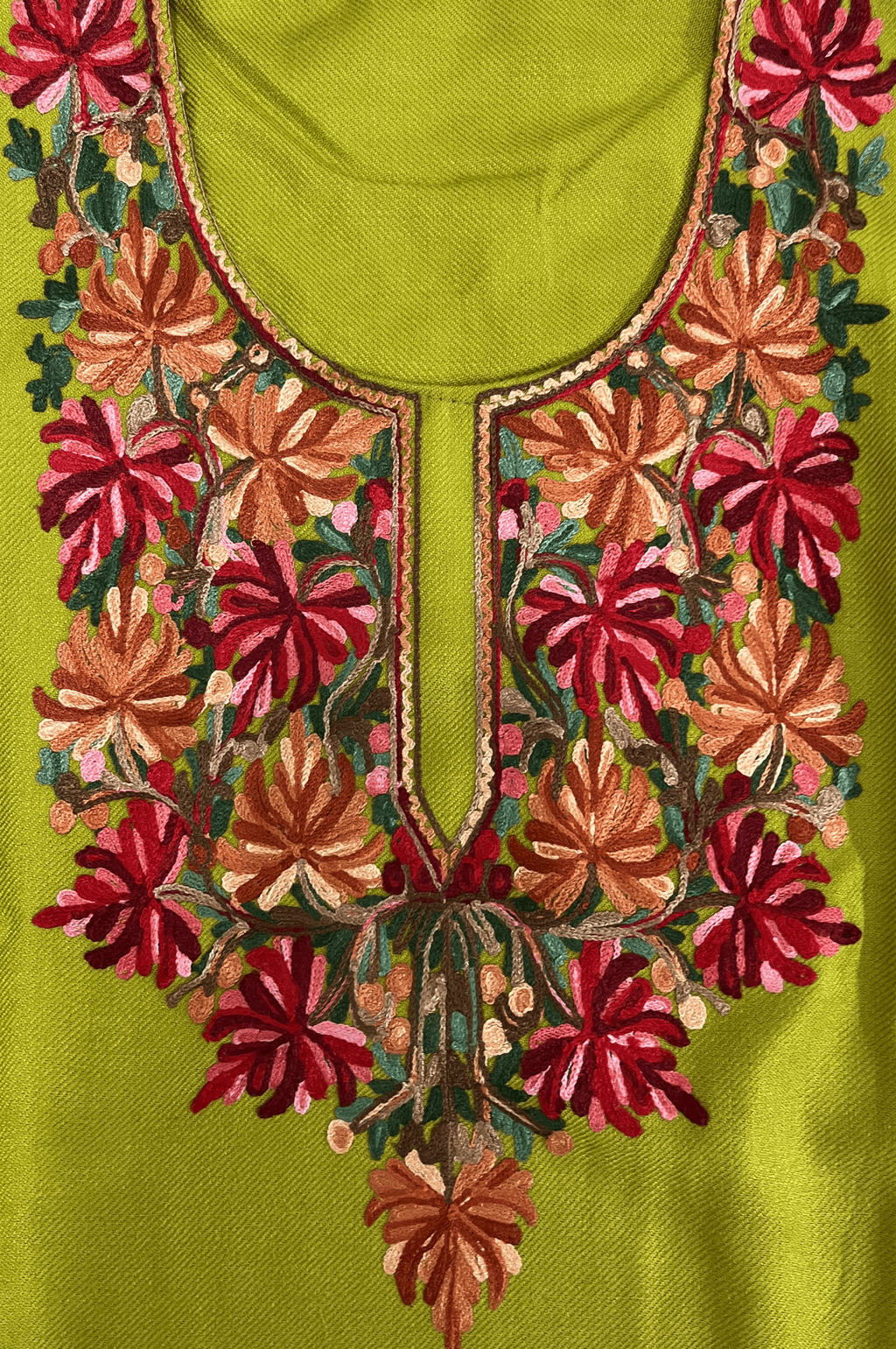 Olive Green and Red Floral Aari Embroidered Kashmiri Pheran