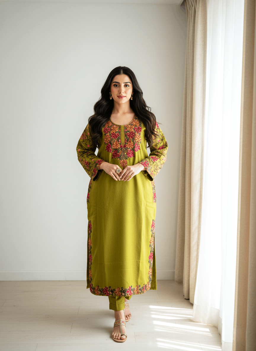 Olive Green and Red Floral Aari Embroidered Kashmiri Pheran