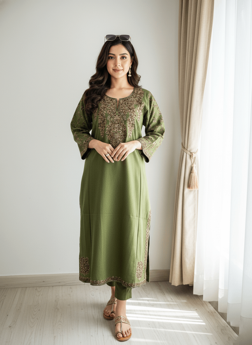 Olive Noor Aari-Embroidered Kashmiri Pheran