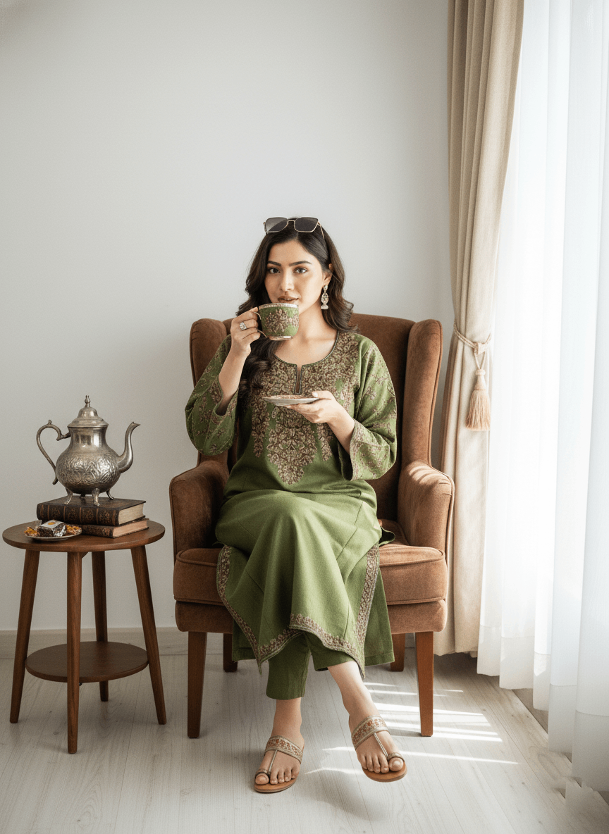 Olive Noor Aari-Embroidered Kashmiri Pheran