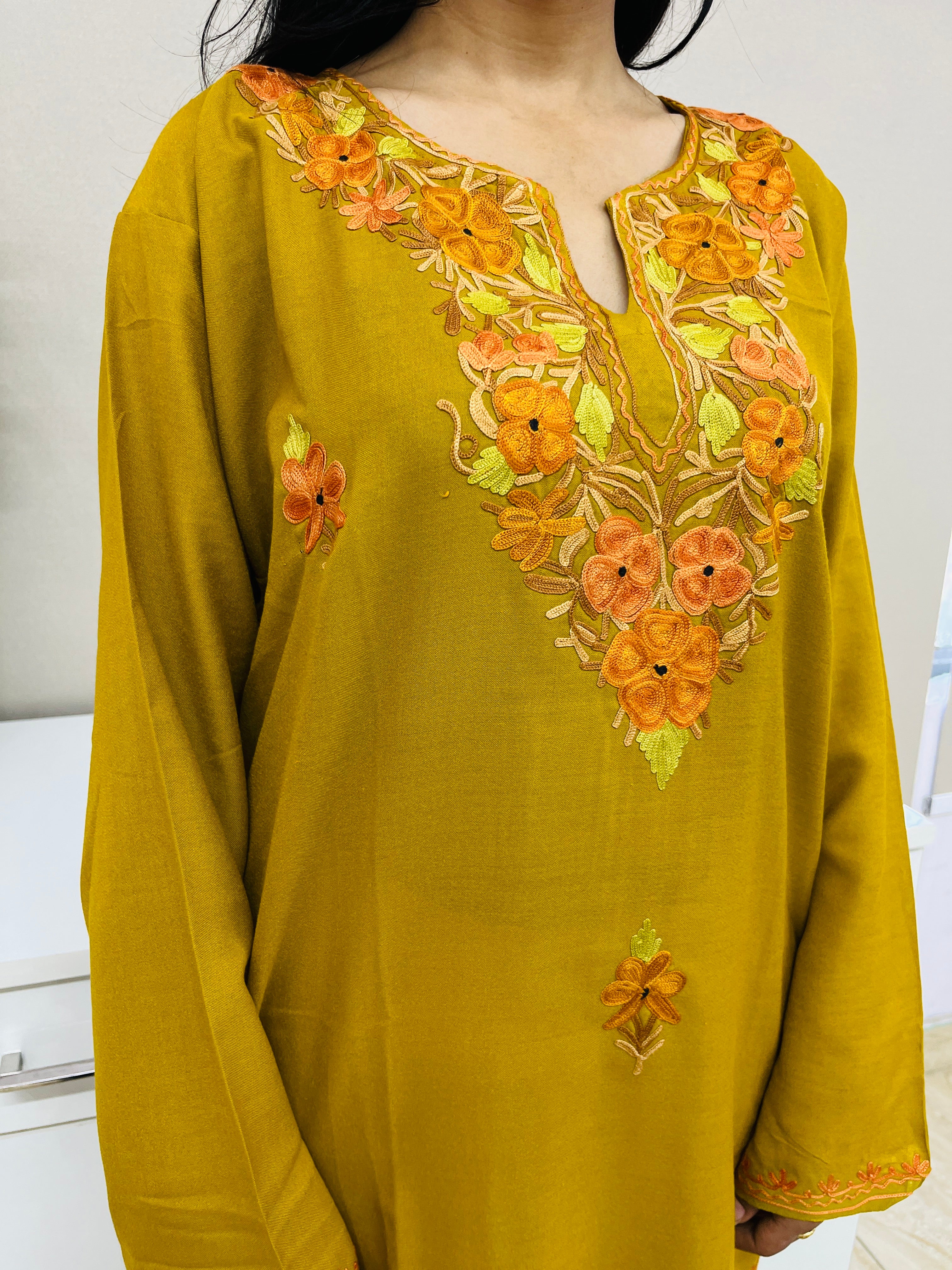 Olive Green Thread Work Cotton Straight Kurti 