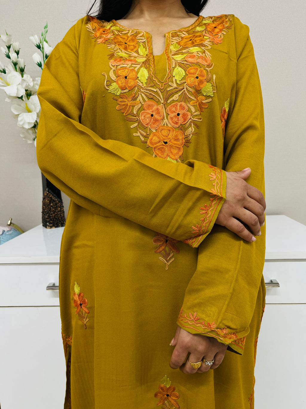  Olive Green Thread Work Cotton Straight Kurti For Women