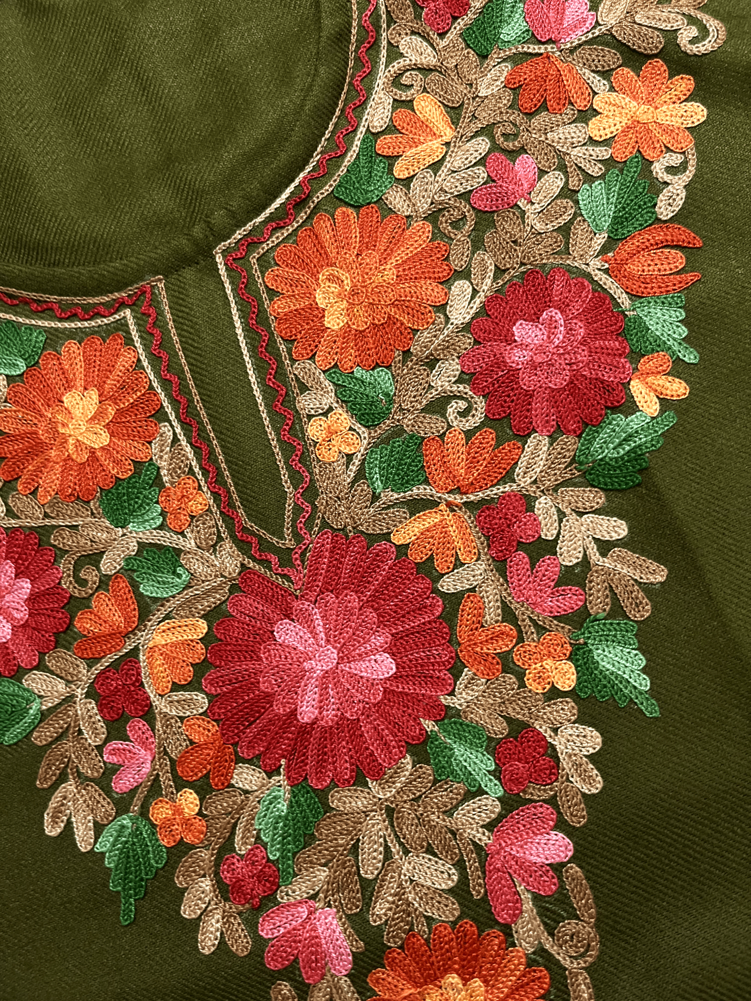 Olive Green Floral Aari Embroidered Kashmiri Coord Set