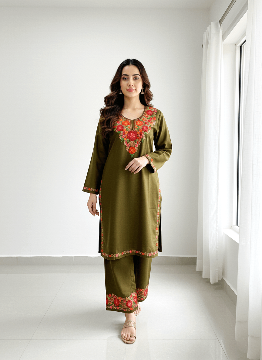 Olive Green Floral Aari Embroidered Kashmiri Coord Set