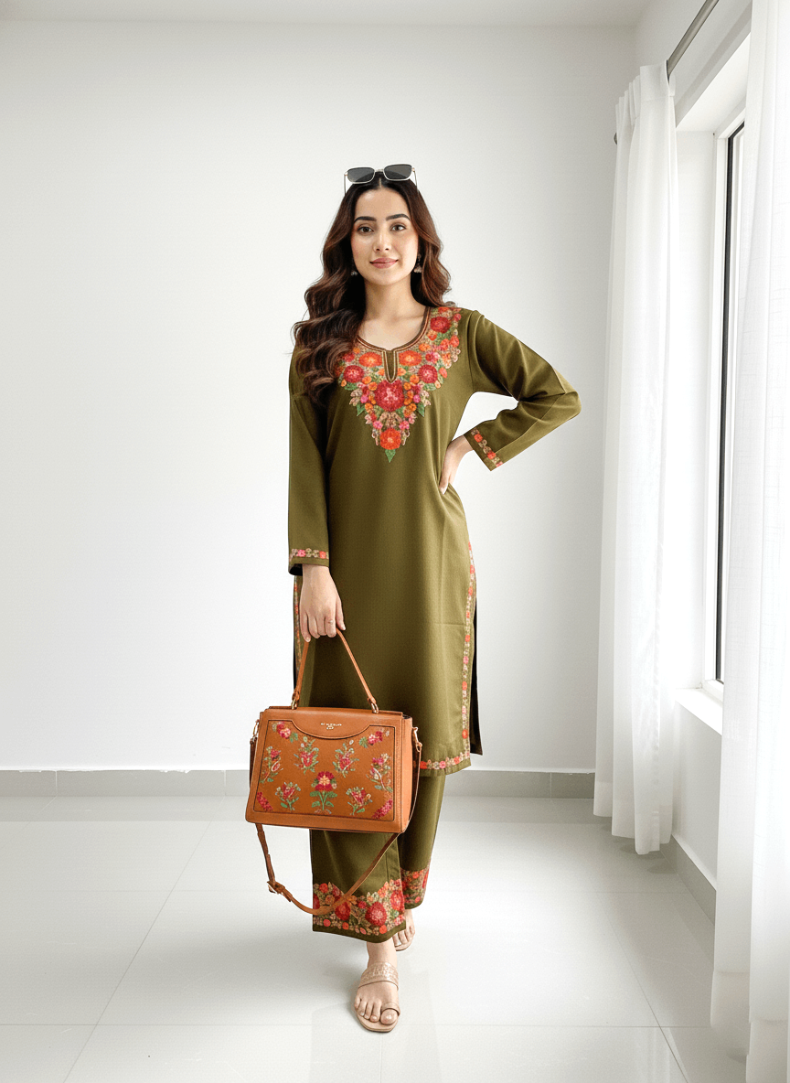 Olive Green Floral Aari Embroidered Kashmiri Coord Set