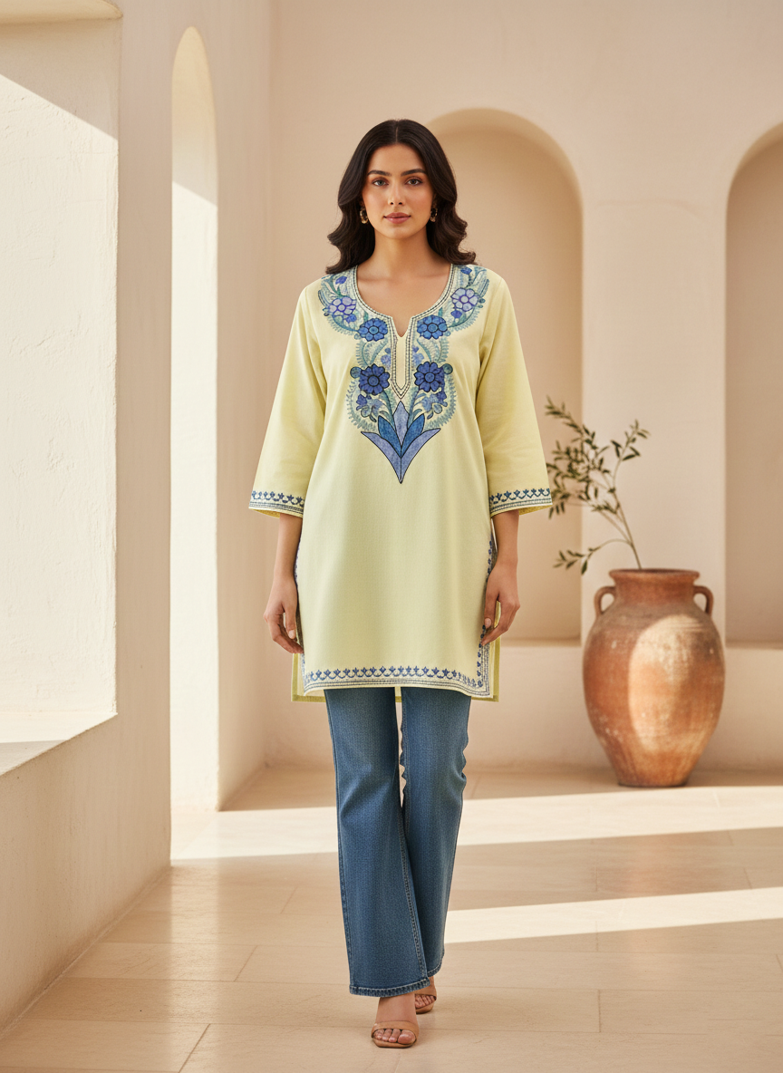Pastel Yellow and Blue Aari Embroidered Cotton Short Kurti
