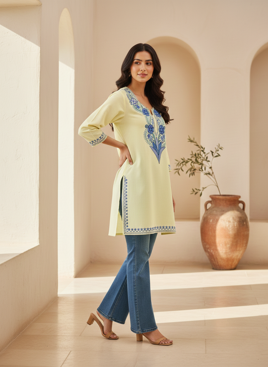 Pastel Yellow and Blue Aari Embroidered Cotton Short Kurti
