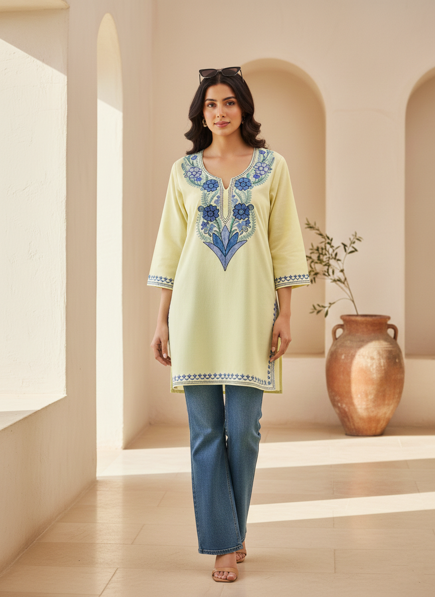 Pastel Yellow and Blue Aari Embroidered Cotton Short Kurti