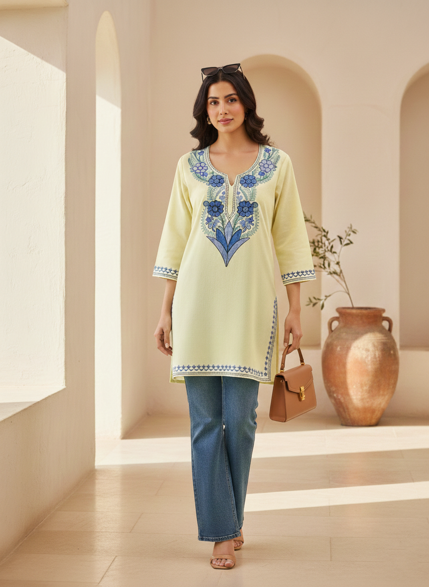 Pastel Yellow and Blue Aari Embroidered Cotton Short Kurti