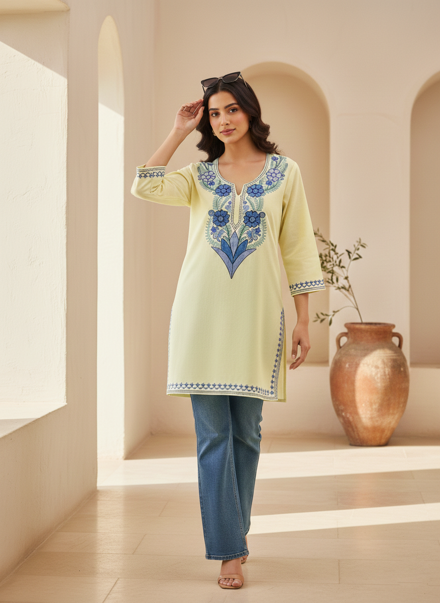 Pastel Yellow and Blue Aari Embroidered Cotton Short Kurti