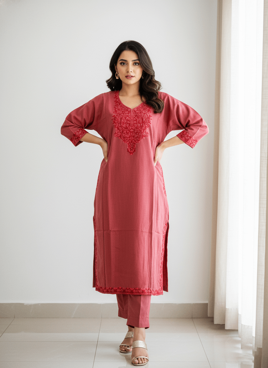 Peach Floral Aari Embroidered Kashmiri Pheran