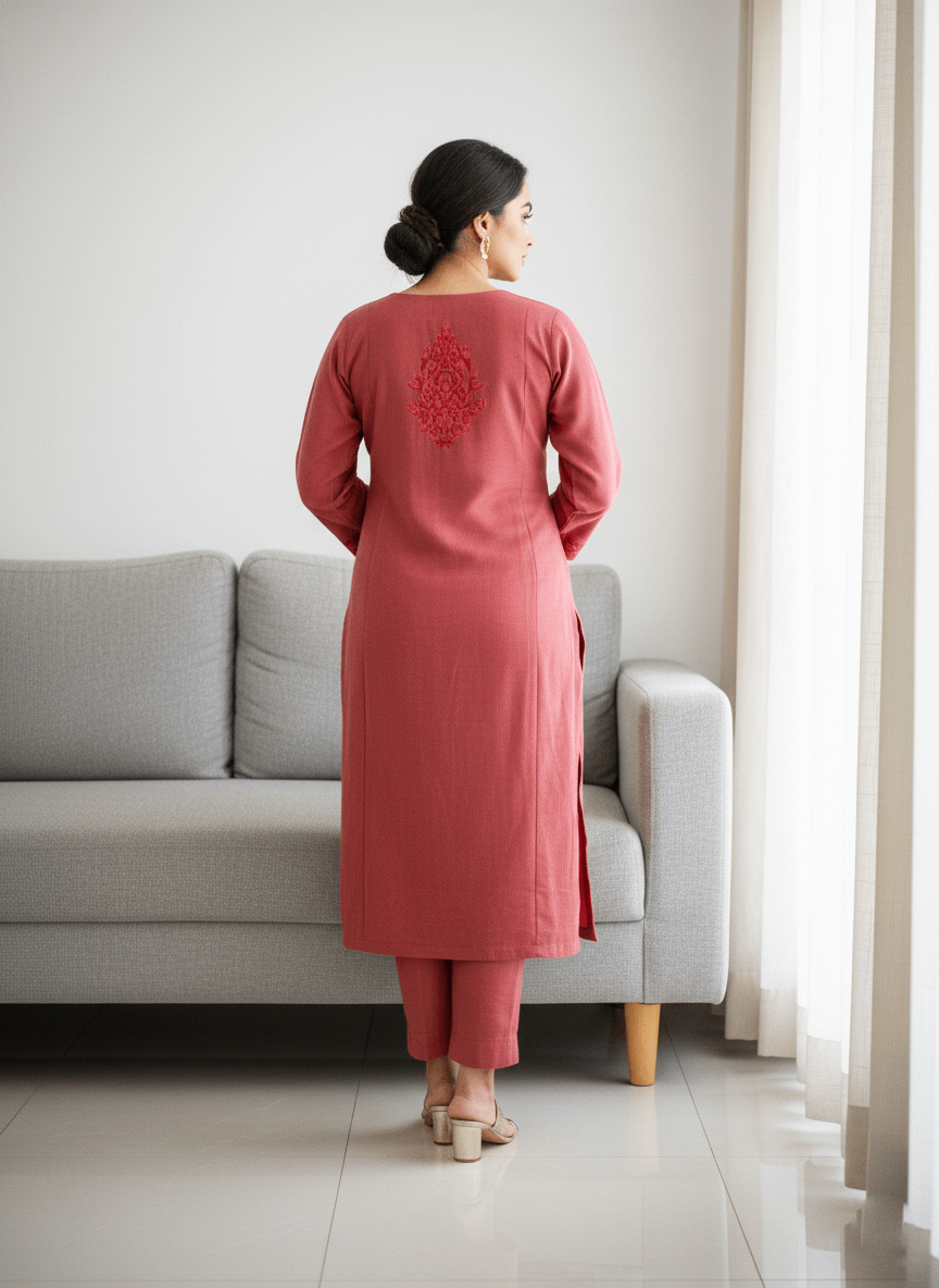 Peach Floral Aari Embroidered Kashmiri Pheran