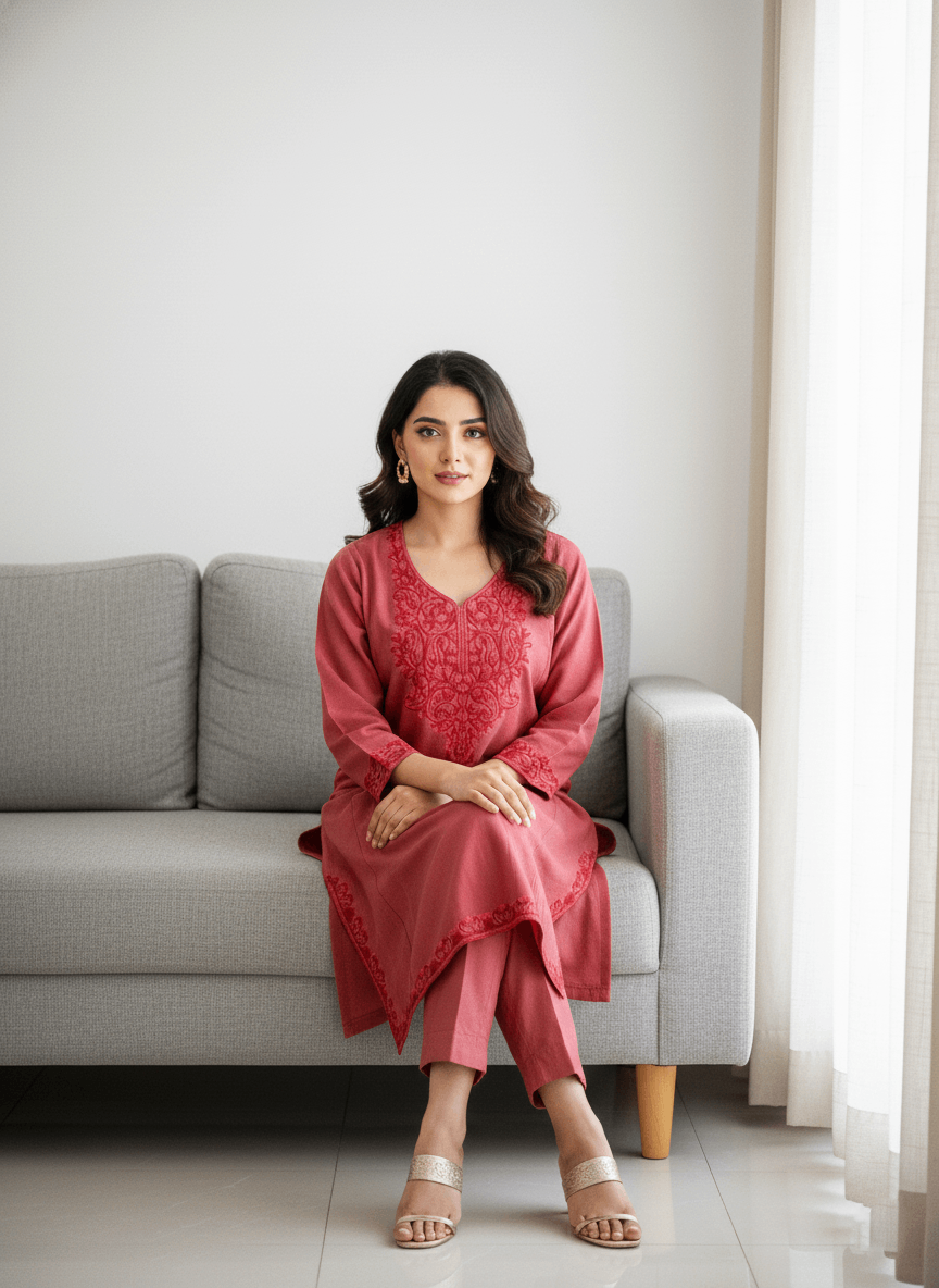 Peach Floral Aari Embroidered Kashmiri Pheran