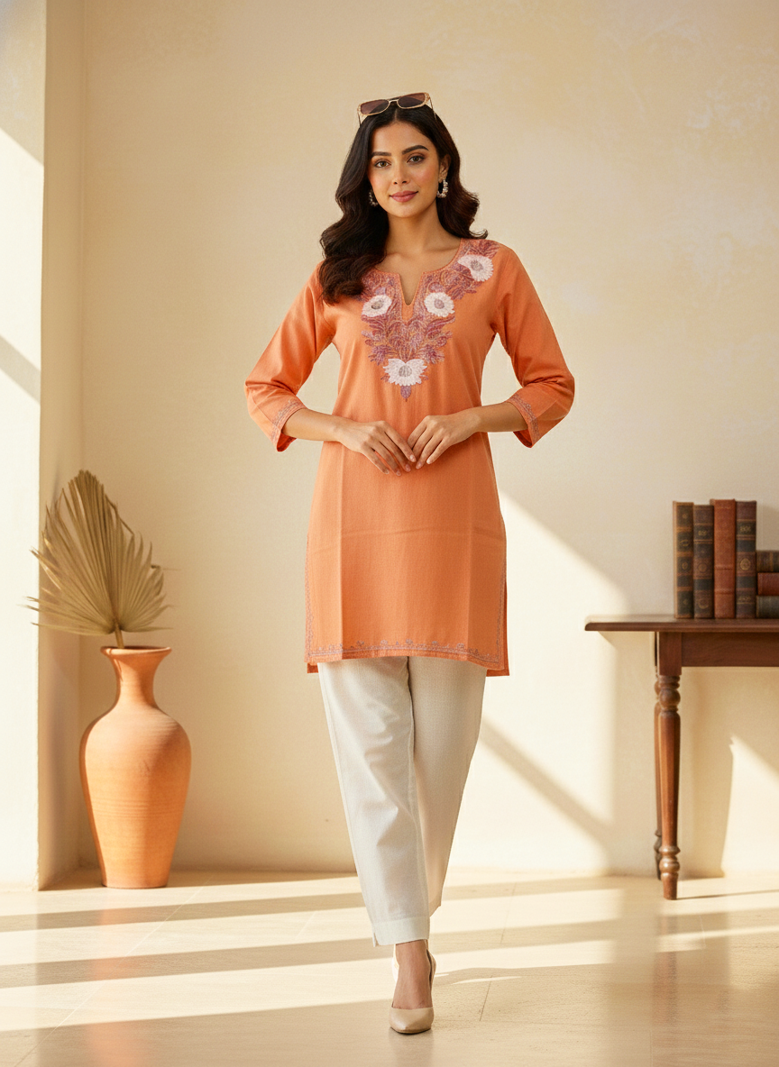 Peach Orange and Lilac White Aari Embroidered Cotton Short Kurti