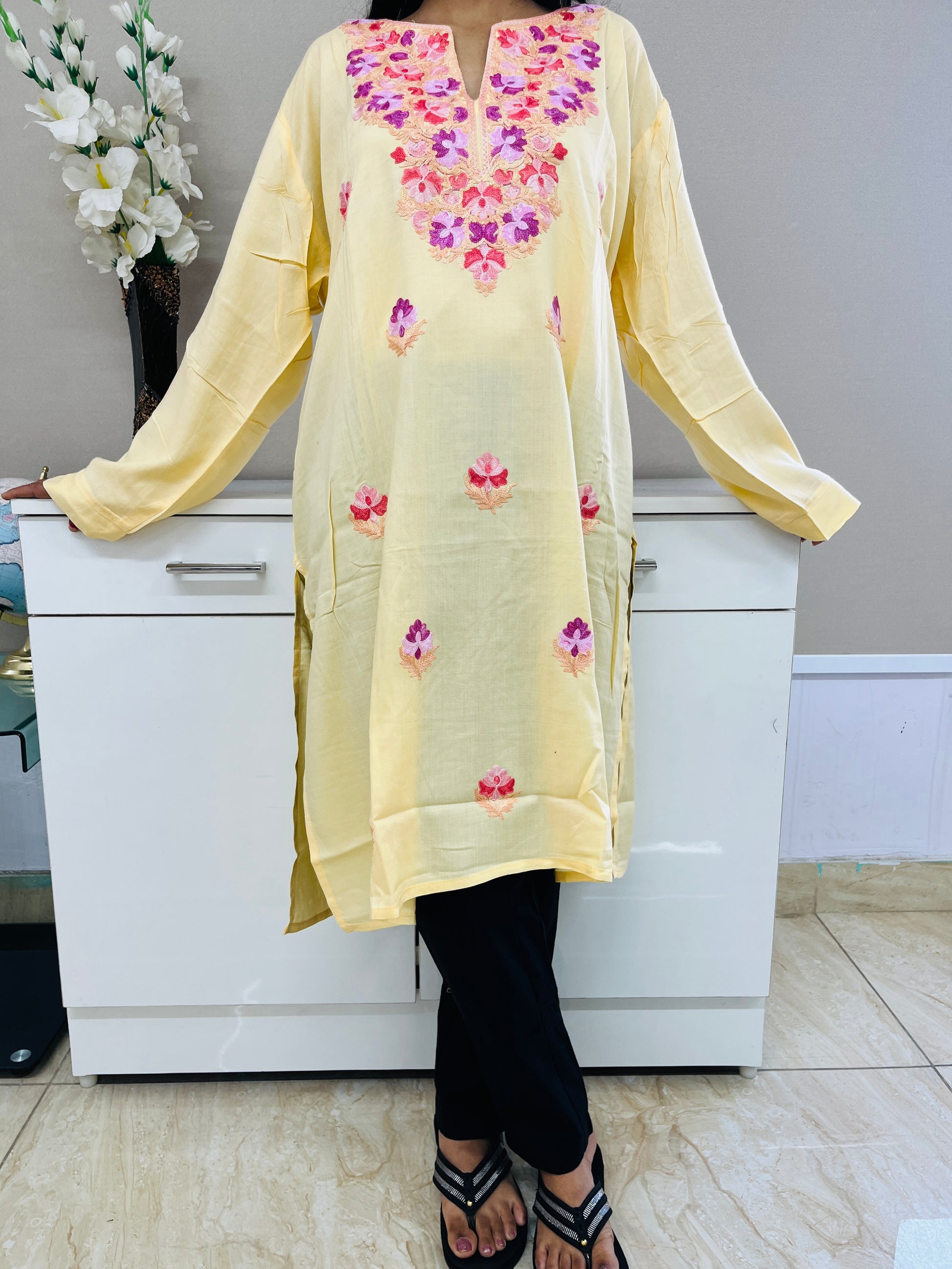  Peach Embroidered Thread Work Rayon Straight Kurti For Women