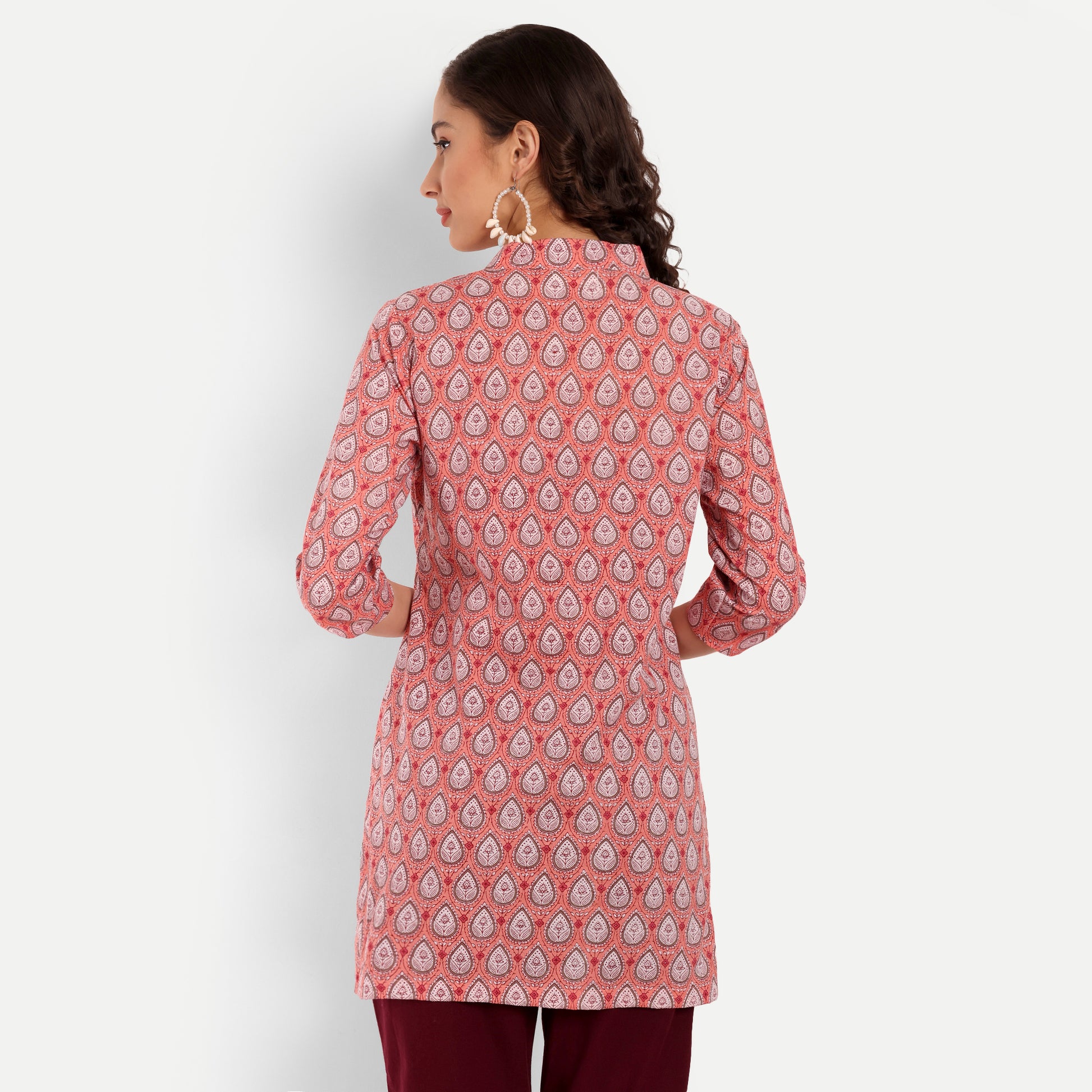  Peach Floral Printed Straight Cotton Tunic For Women 