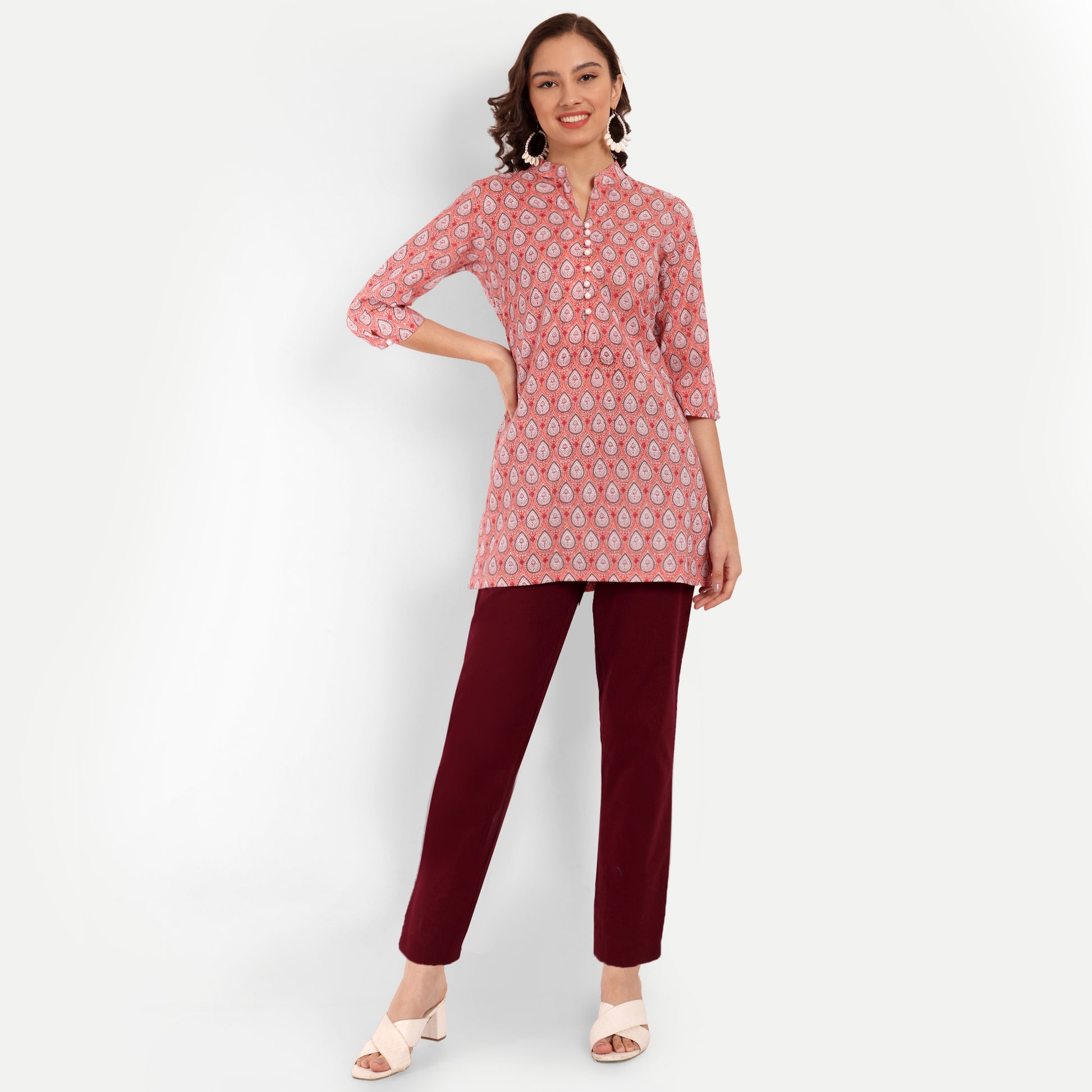  Peach Floral Printed Straight Cotton Tunic Stylish Look