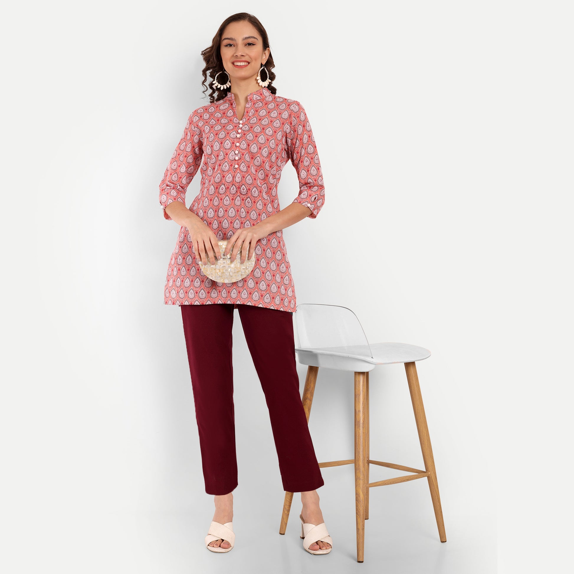  Peach Floral Printed Straight Cotton Tunic Stylish Look For Women