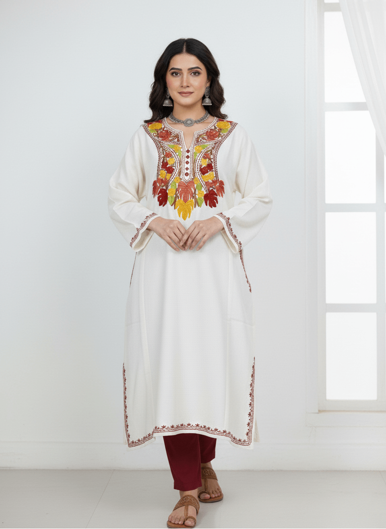 White & Multicolor Embroidered Kashmiri Pheran