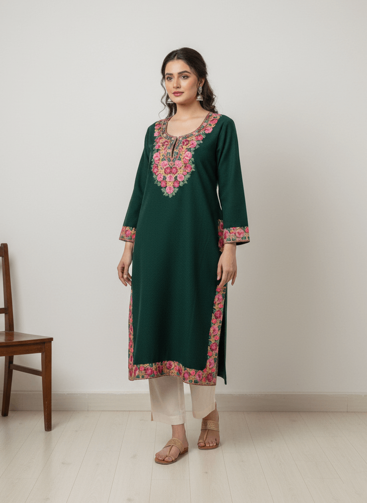 Forest Green Floral Embroidered Kashmiri Pheran