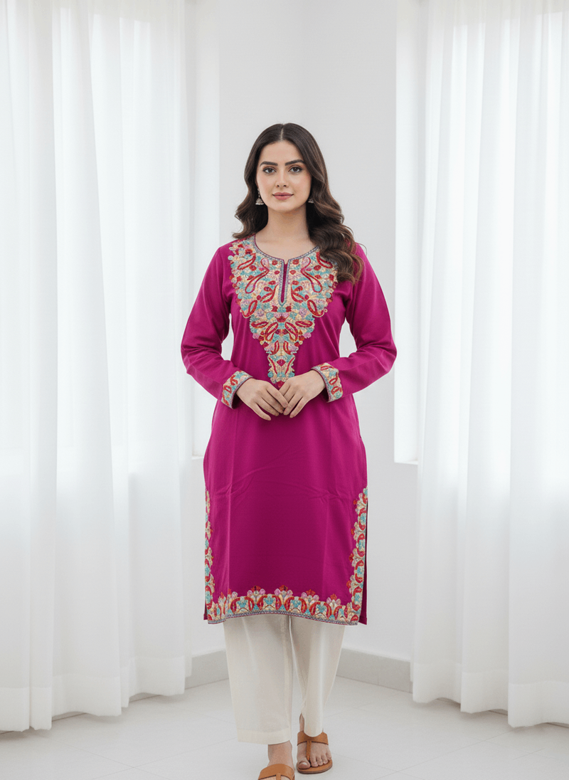 Hot Pink Embroidered Kashmiri Pheran