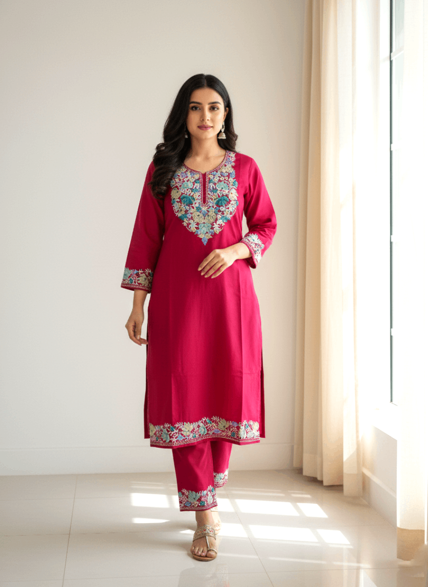 Pink Floral Aari Embroidered Kashmiri Co-ord set