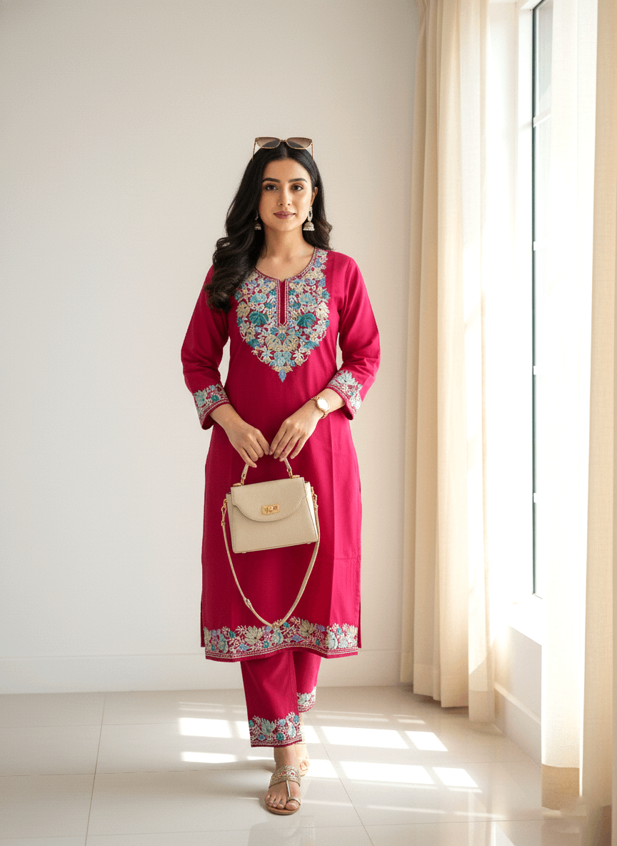 Pink Floral Aari Embroidered Kashmiri Co-ord set