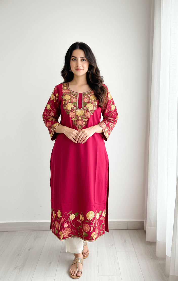 Pink Floral Aari–Tilla Embroidered Kashmiri Pheran