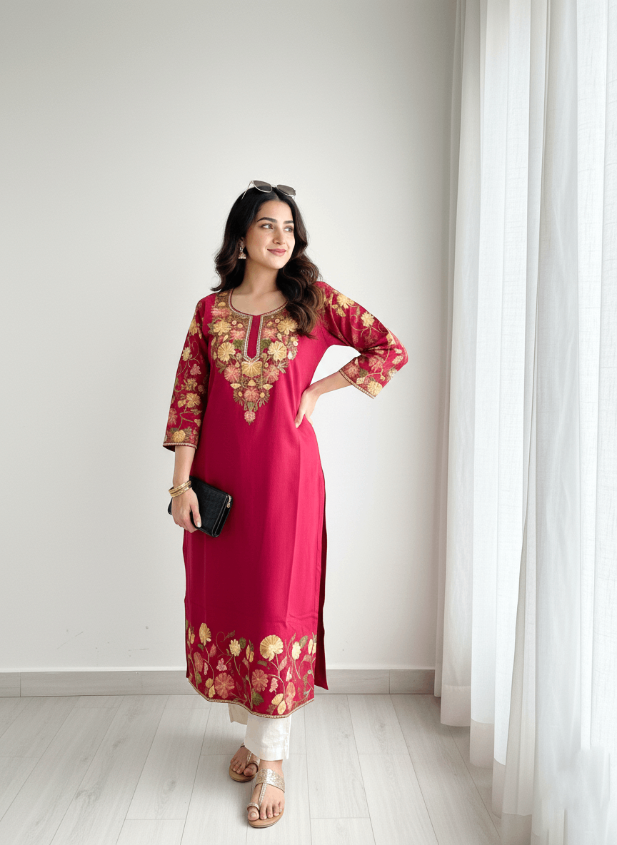 Pink Floral Aari–Tilla Embroidered Kashmiri Pheran