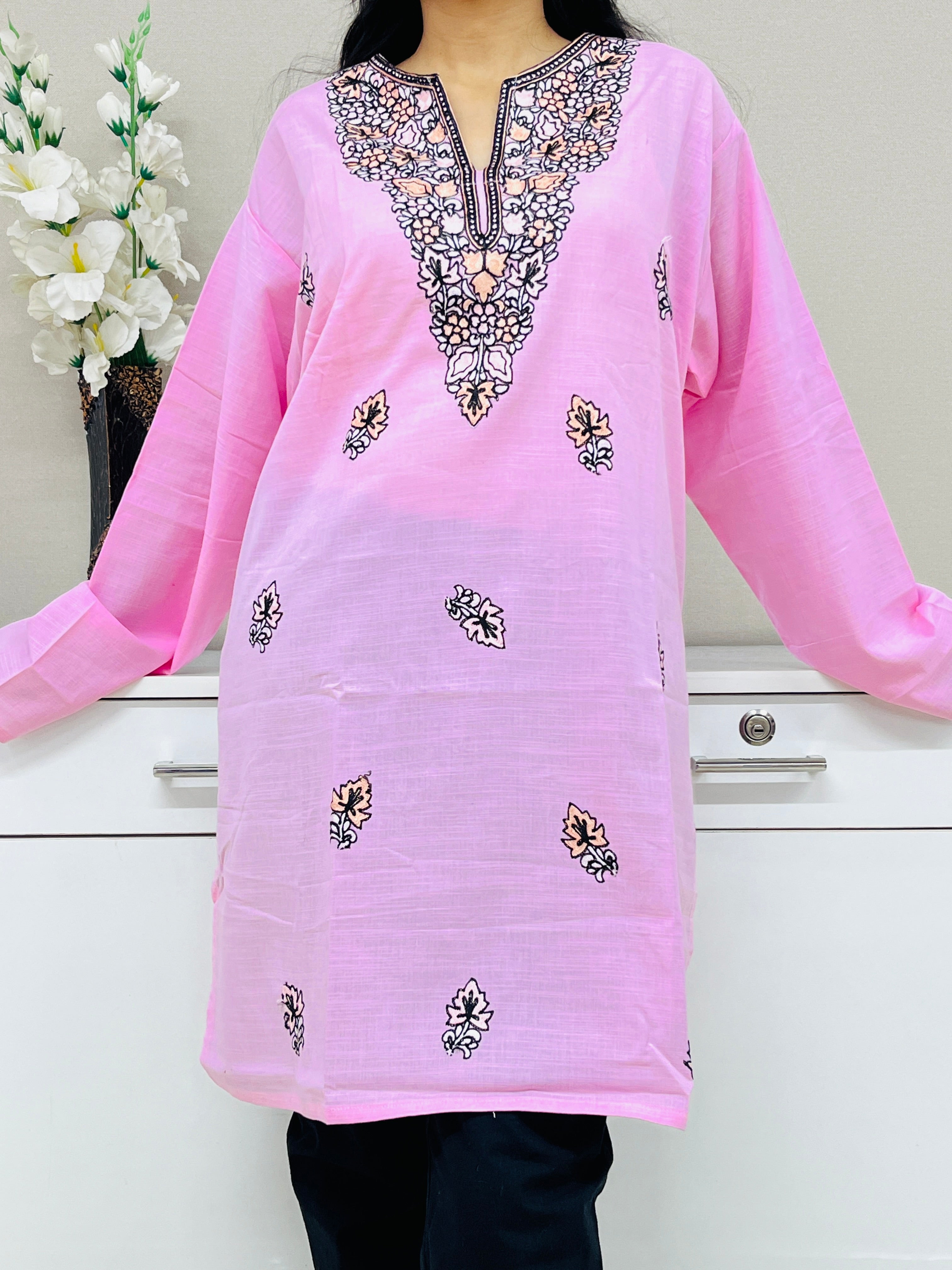 Pink Cotton Straight Kurti 