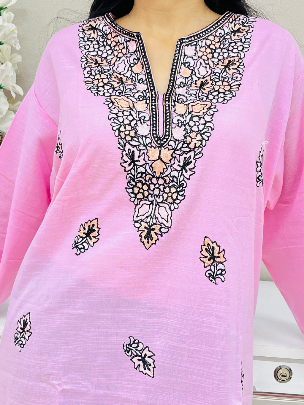 Pink Embroidered Cotton Straight Kurti