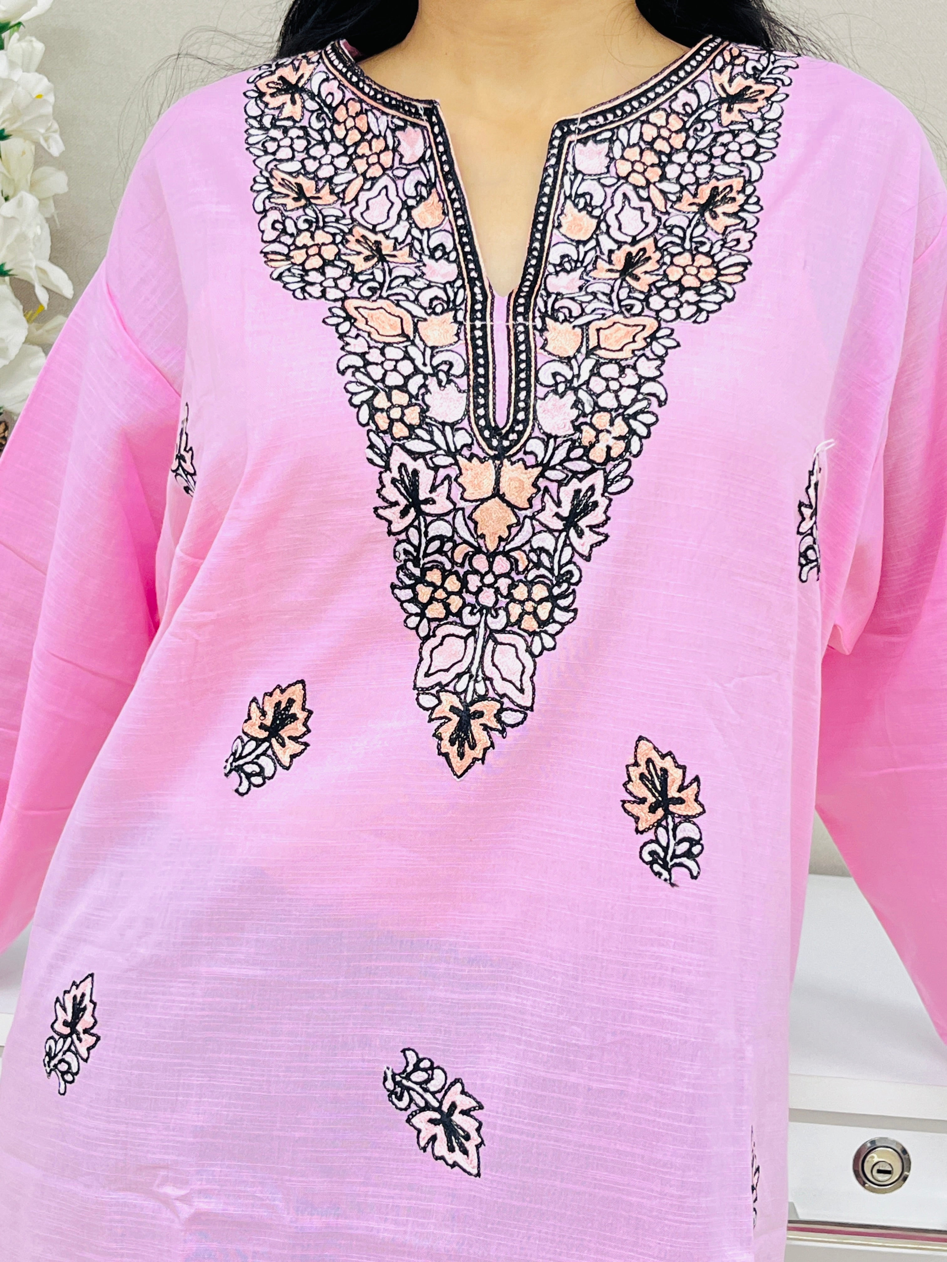 Pink Embroidered Cotton Straight Kurti