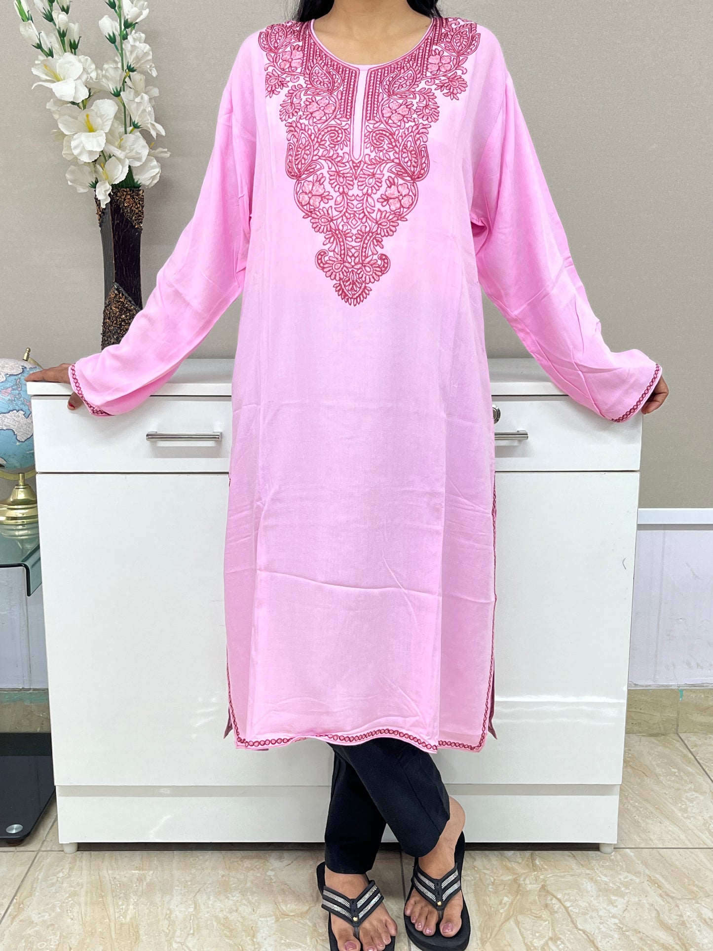  Pink Embroidered Thread Work Rayon Straight Kurti For Women