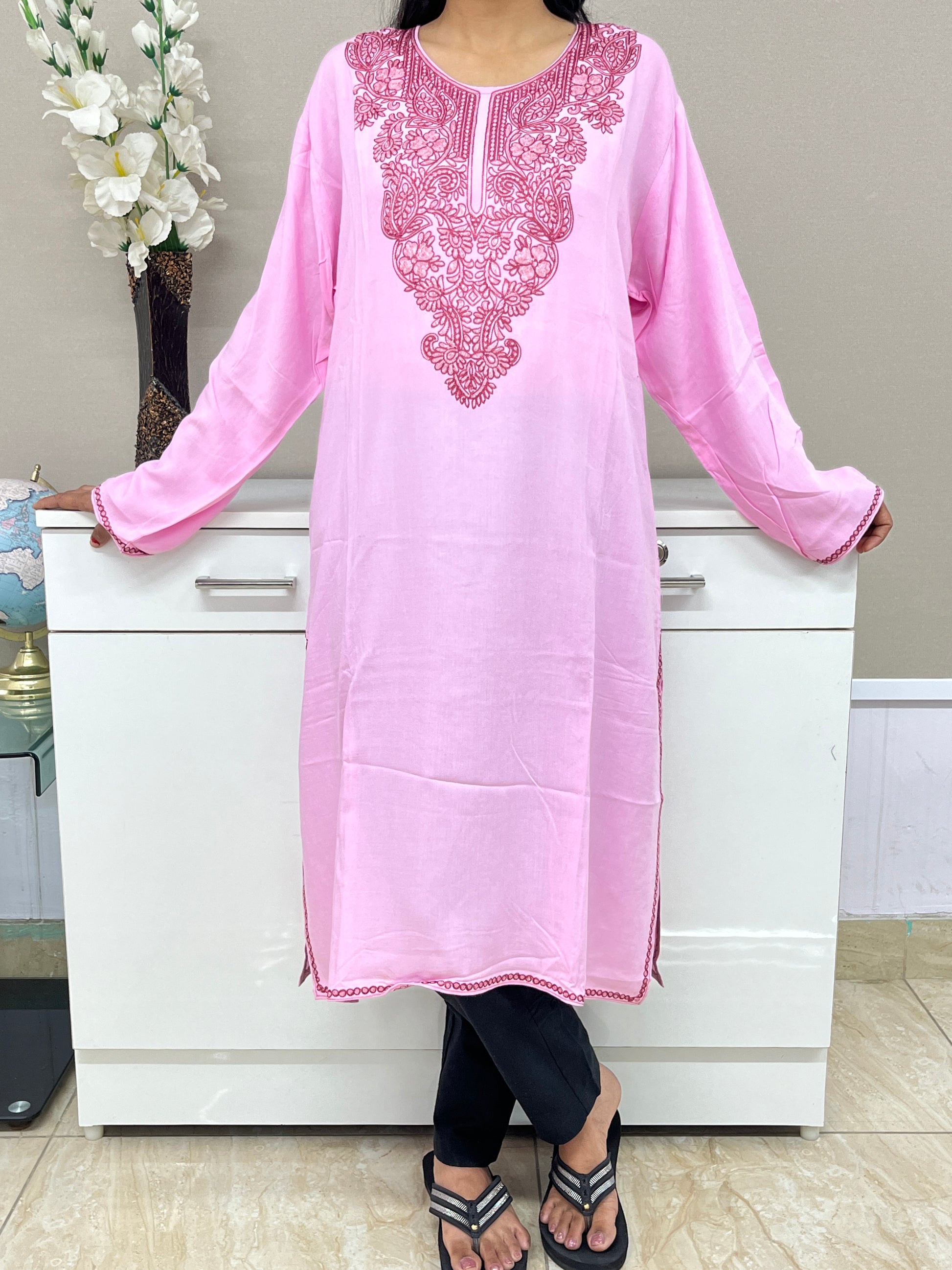  Pink Embroidered Thread Work Rayon Straight Kurti For Women