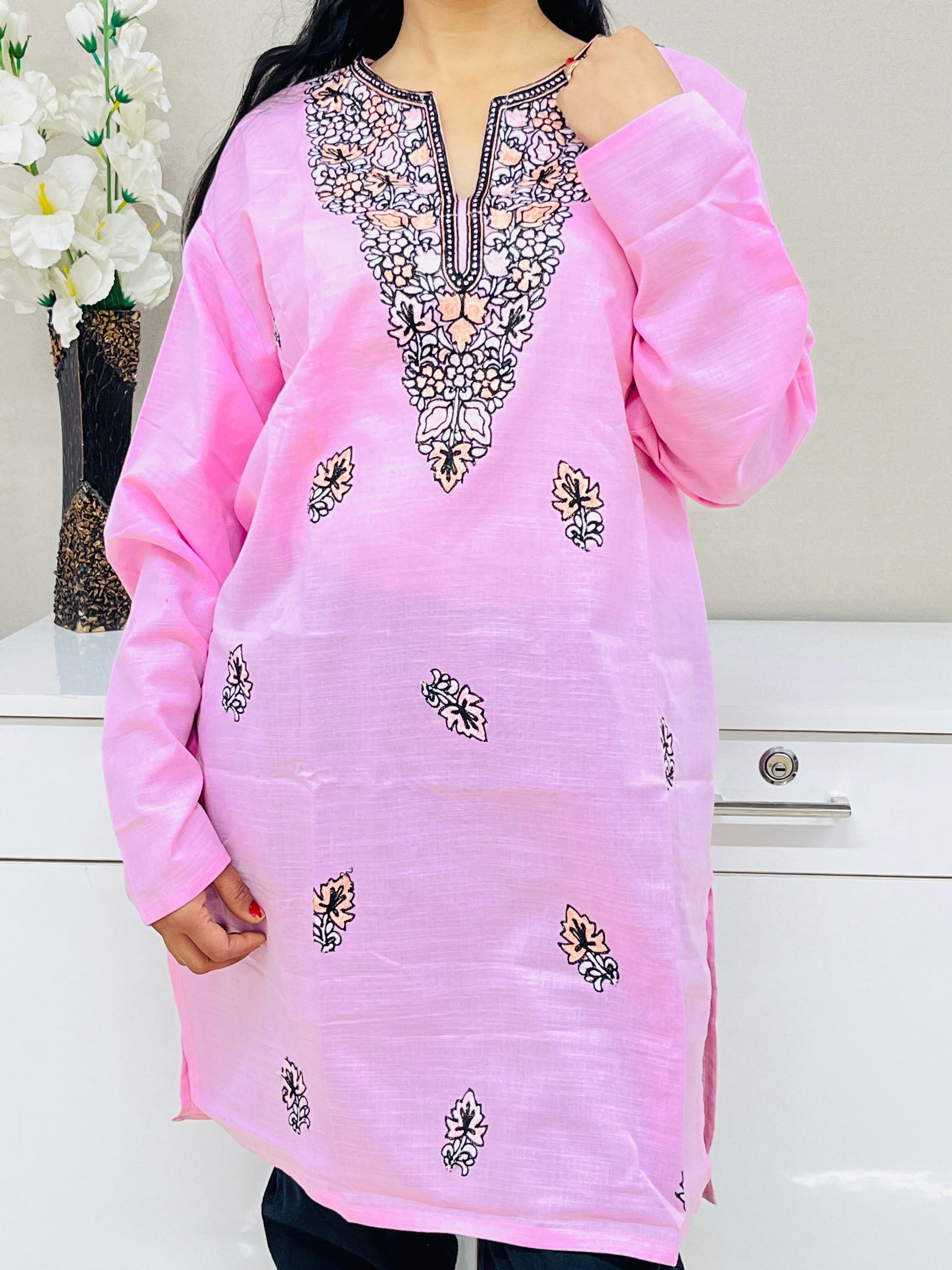 Pink Thread Work Cotton Straight Kurti For Women