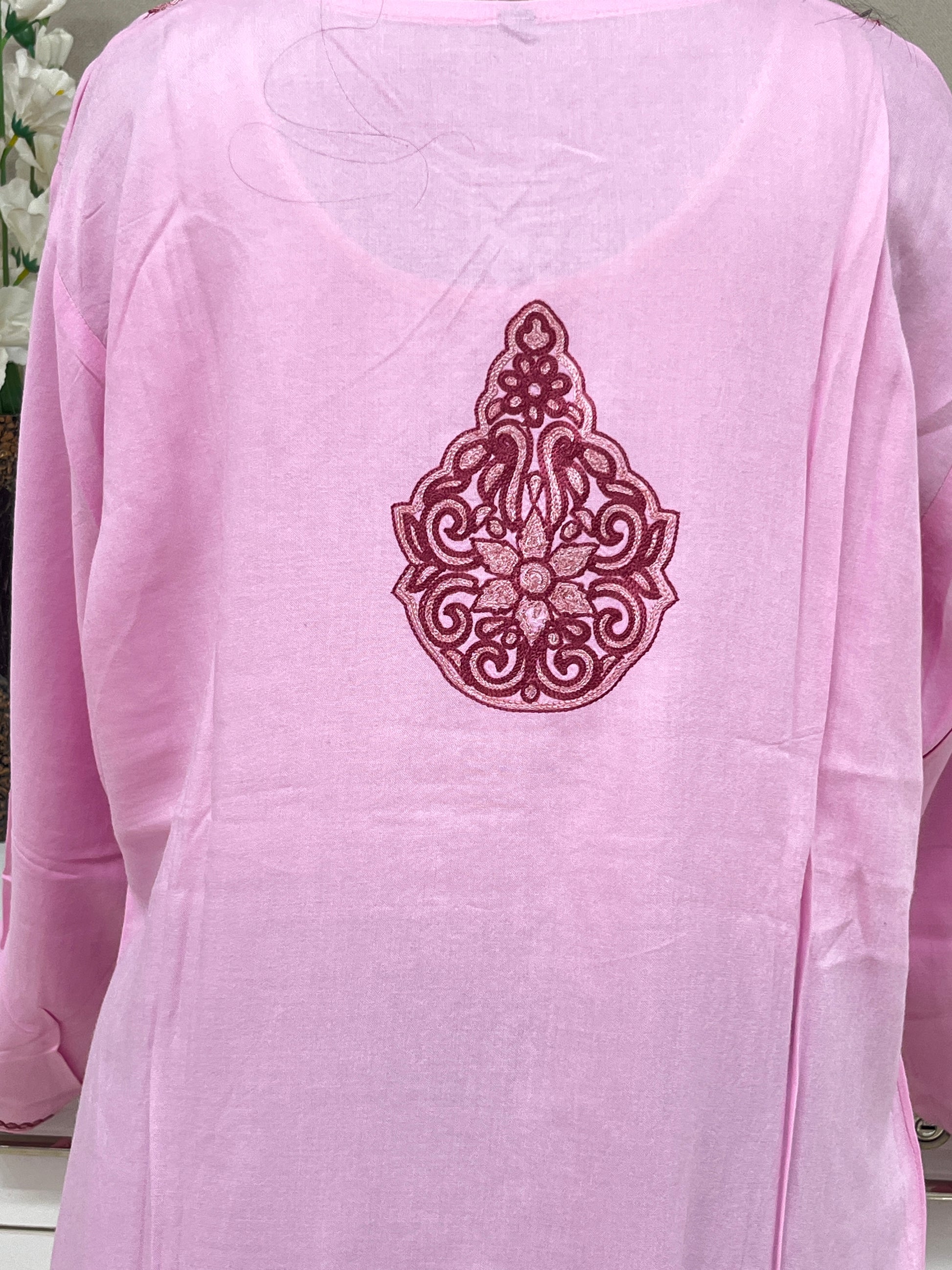  Pink Thread Work Rayon Straight Kurti For Women