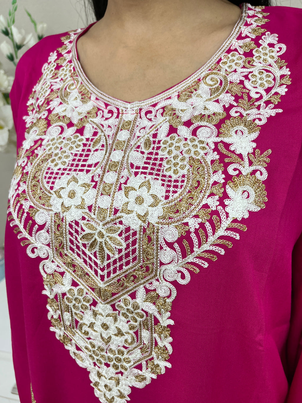  Pink With White Thread Work Cotton Straight Kurti For Women