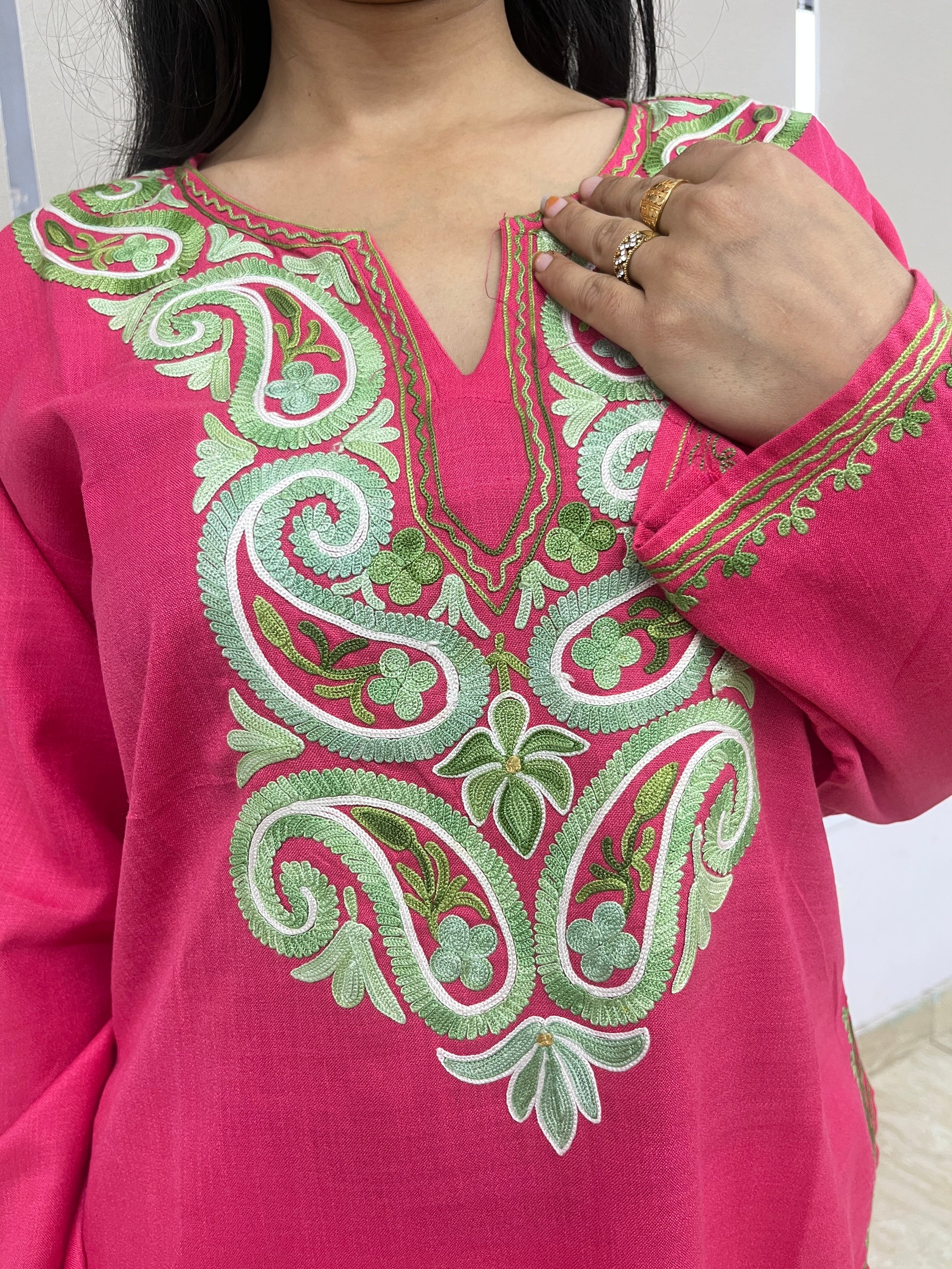  Pink with Green Embroidered  Cotton Straight Kurti 