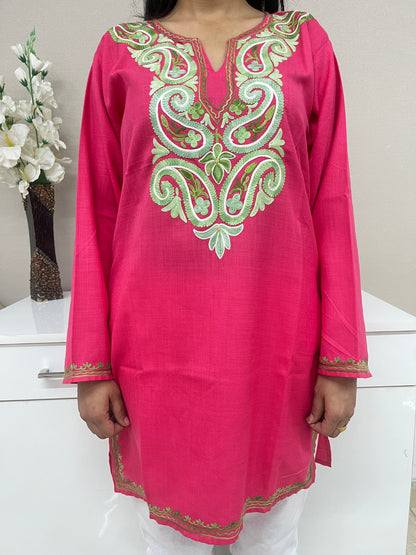  Pink with Green Embroidered Thread Work Cotton Straight Kurti For Women
