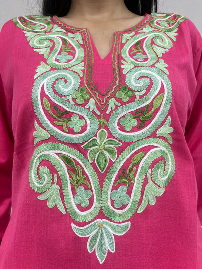  Pink with Green Thread Work Cotton Straight Kurti For Women