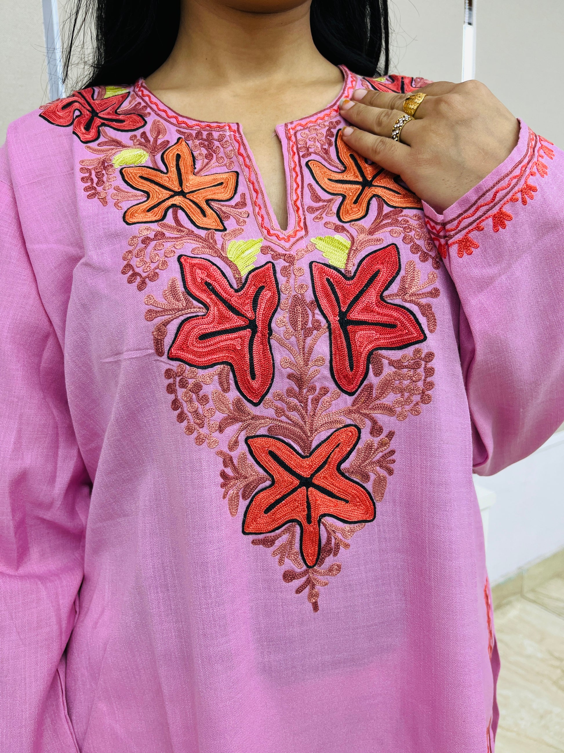  Pink with Multi-color Embroidered  Cotton Straight Kurti 