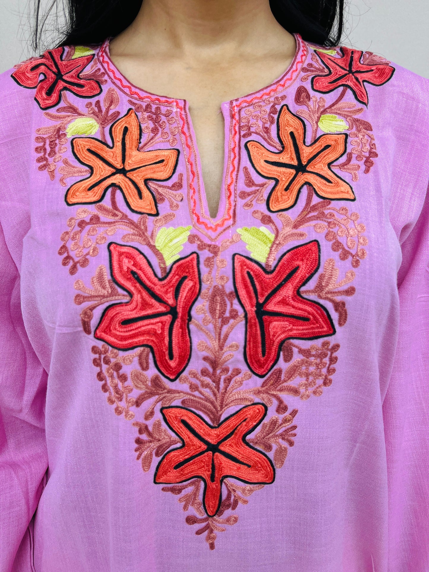  Pink with Multi-color Thread Work Cotton Straight Kurti 