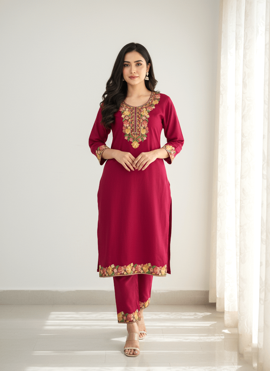 Pink and Yellow Floral Aari-Tilla Embroidered Kashmiri Co-ord set